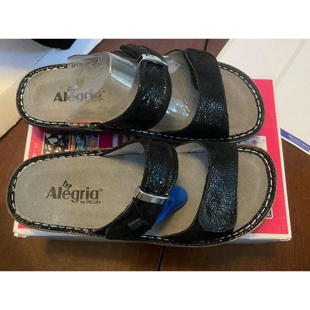 BNIB Black Alegria Leather Strap Slide Sandals